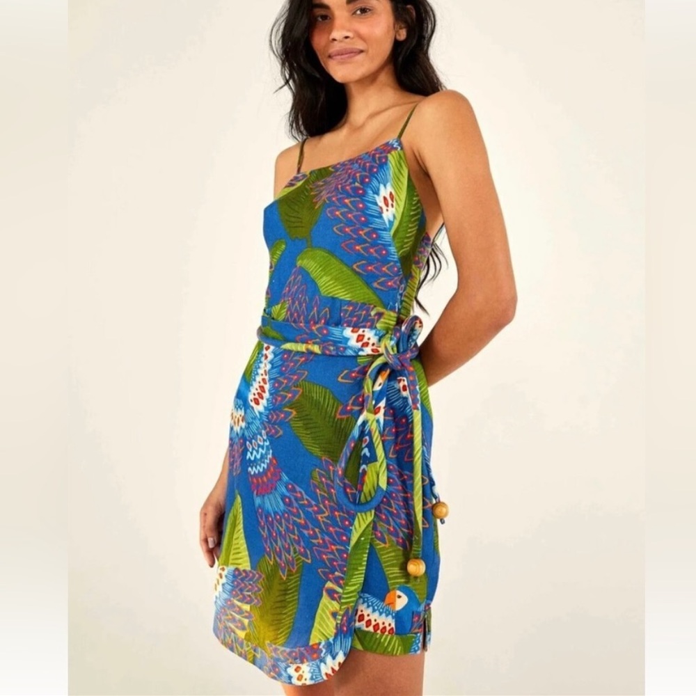 NWT Blue Macaw Mini Wrap Dress FARM RIO size medium